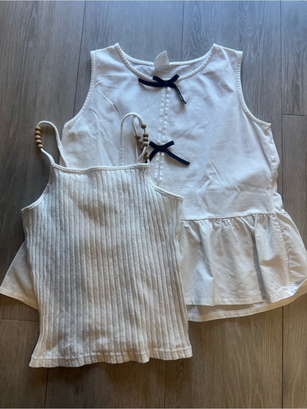Zara Cream Ribbed Cami and Peplum Tank Set with Navy Bows
